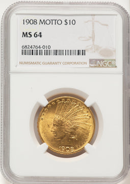 1908 $10 MOTTO Indian Eagle NGC MS64