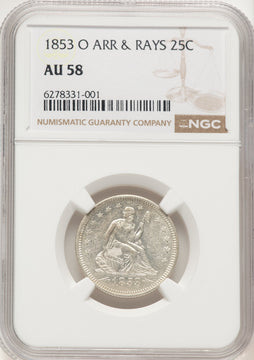 1853-O Arrows and Rays Seated Quarter NGC AU58