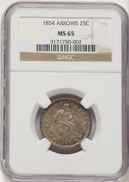 1854 25C ARROWS Seated Quarter NGC MS65
