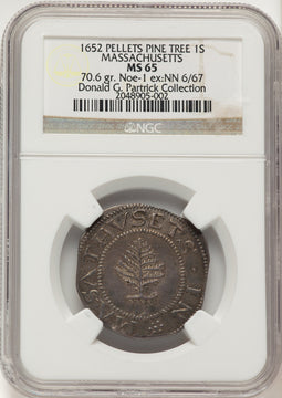 1652 Pine Tree Shilling Large Planchet Pellets Colonials NGC MS65
