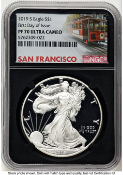 2019-S Proof Silver Eagle 1 oz FDI Trolley Label NGC PF70