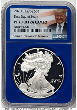 2020-S Proof Silver Eagle 1 oz FDI Trump Label Blue Core NGC PF70