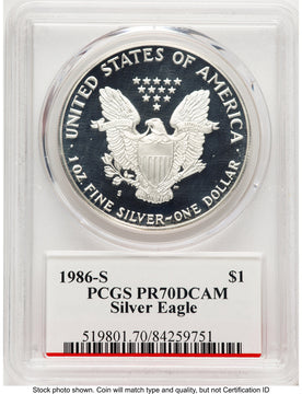 1986-S 1 oz Proof Silver Eagle PCGS PR70 Mercanti
