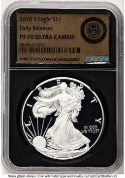 2018-S Proof Silver Eagle 1 oz ER Gold Foil Director's Coin of Excellence NGC PF70