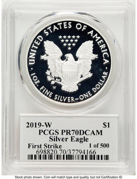 2019-W Proof Silver Eagle 1 oz FS Thomas Cleveland Eagle with Sun 1 of 500 PCGS PR70 2019-W Proof Silver Eagle 1 oz FS Thomas Cleveland Eagle with Sun 1 of 500 PCGS PR70
