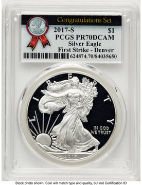 2017-S Proof Silver Eagle Congratulations Set 1 oz FS Congratulations Set Label Denver PCGS PR70 2017-S Proof Silver Eagle Congratulations Set 1 oz FS Congratulations Set Label Denver PCGS PR70