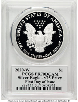 2020-W Proof Silver Eagle V75 Privy 1 oz FDI Jim Peed PCGS PR70