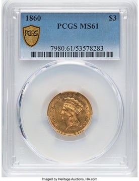 1860 $3 CAC Three Dollar Gold Pieces PCGS MS61