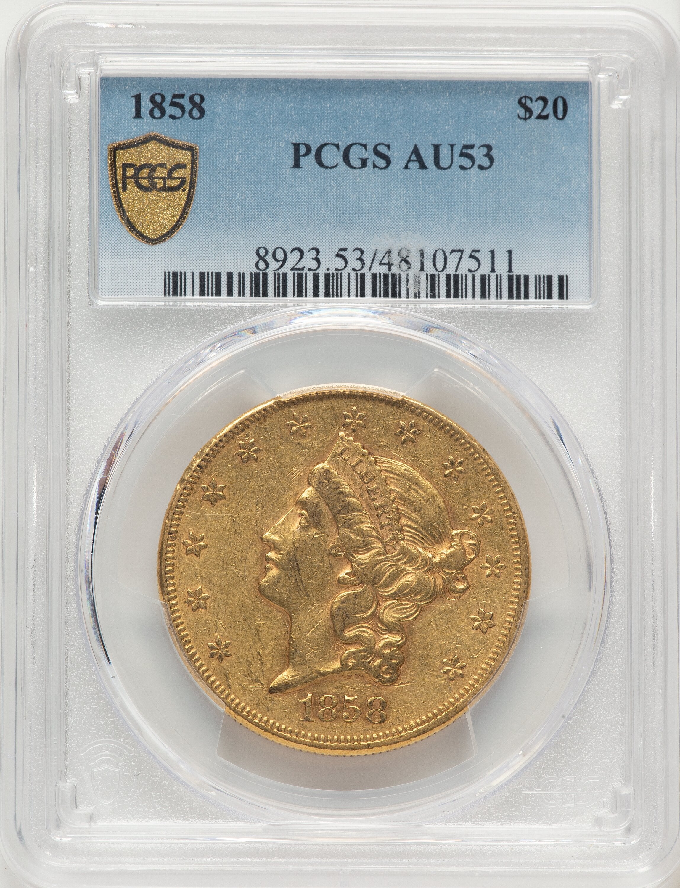 1858 $20 Blue Gradient Liberty Double Eagle PCGS AU53 | LCR Coin