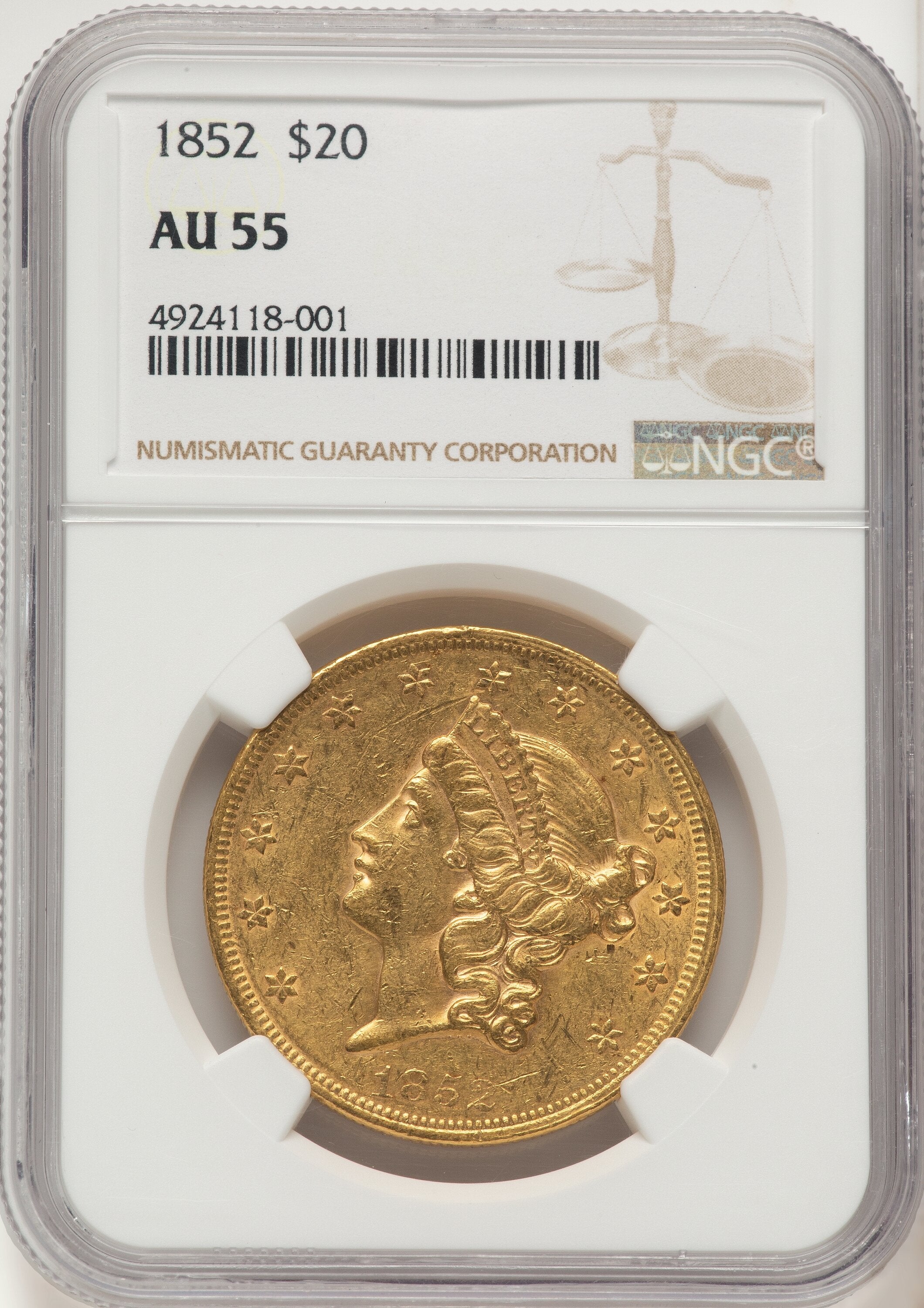 1852 $20 Brown Label Liberty Double Eagle NGC AU55 | LCR Coin
