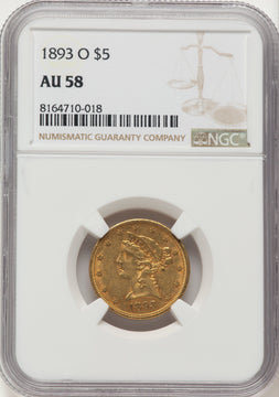 1893-O $5 Liberty Half Eagle NGC AU58