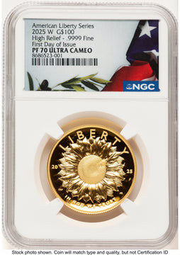 2025-W G$100 American Liberty High Relief FDI Bunting Flag NGC PF70