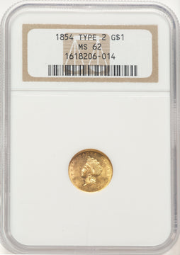 1854 G$1 Type Two Gold Dollar NGC MS62