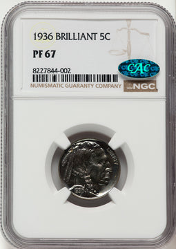 1936 5C Type Two Brilliant CAC Proof Buffalo Nickel NGC PR67
