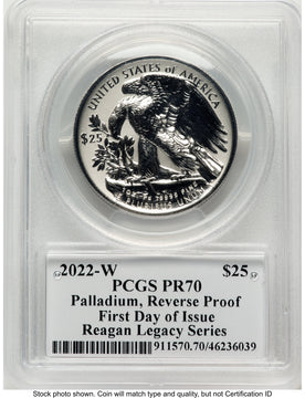 2022-W Palladium Eagle 1 oz REV FDI Reagan Legacy Series Michael Reagan Picture PCGS PR70 2022-W Palladium Eagle 1 oz REV FDI Reagan Legacy Series Michael Reagan Picture PCGS PR70