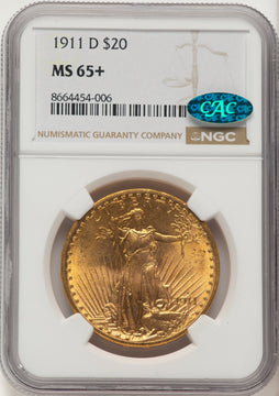 1911-D $20 CAC Saint-Gaudens Double Eagle NGC MS65+