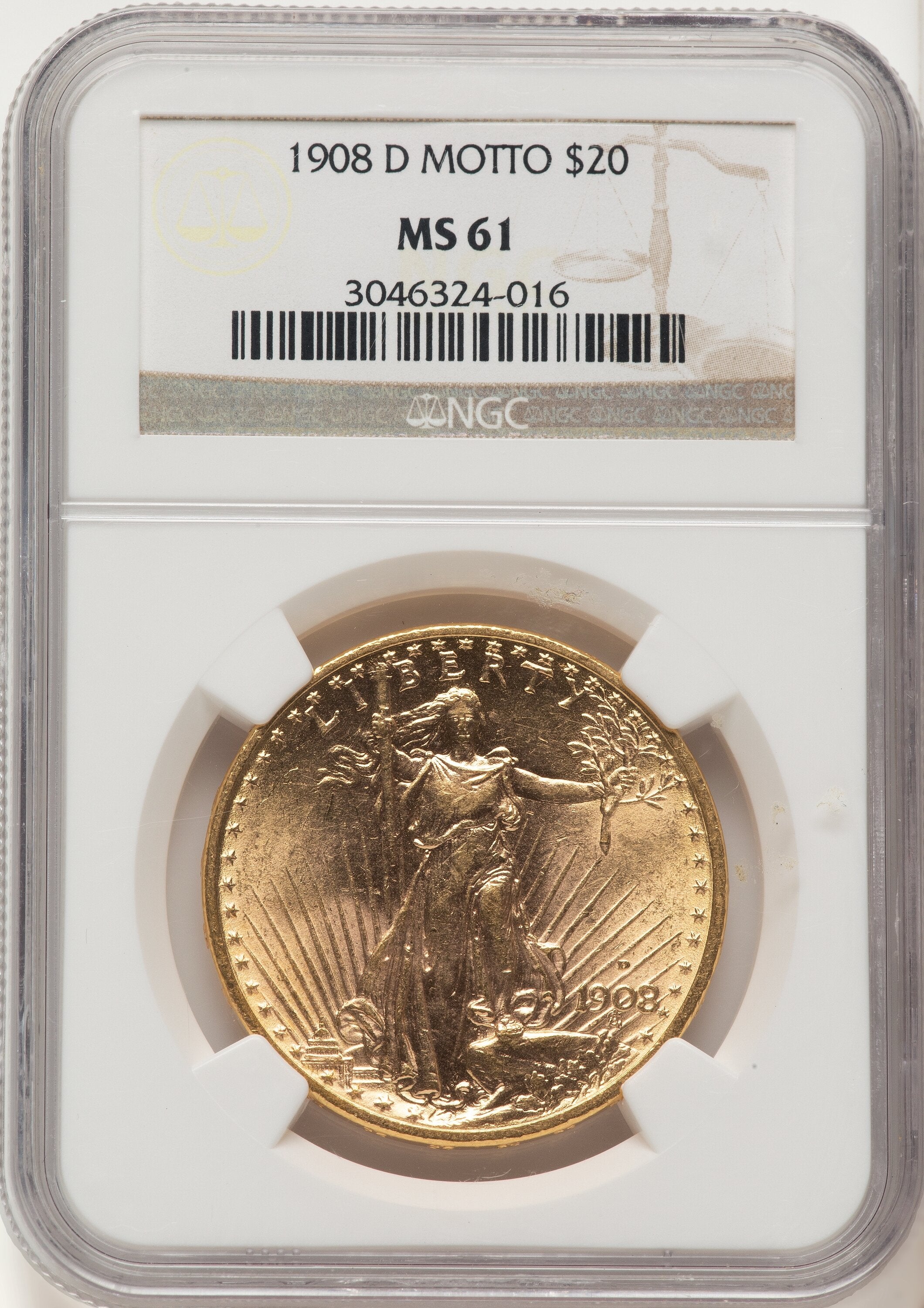 1908-D $20 MOTTO Saint-Gaudens Double Eagle NGC MS61 | LCR Coin