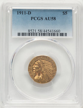 1911-D $5 Indian Half Eagle PCGS AU58