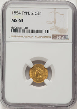 1854 G$1 Type Two Gold Dollar NGC MS63