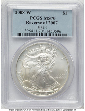 2008-W Reverse of 2007 Burnished Silver Eagle 1 oz Blue Label PCGS MS70 2008-W Reverse of 2007 Burnished Silver Eagle 1 oz Blue Label PCGS MS70