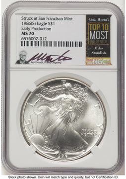 1986-(S) Silver Eagle Early Production Miles Standish Coin World's Top 10 Most Influential Label NGC MS70