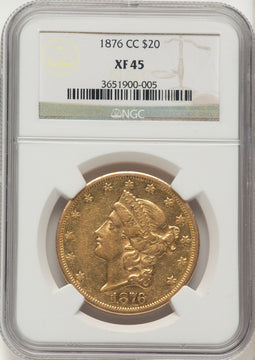 1876-CC $20 Brown Label Liberty Double Eagle NGC XF45