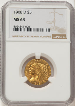 1908-D $5 Indian Half Eagle NGC MS63
