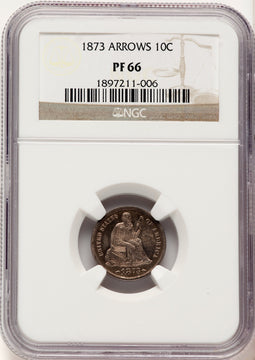 1873 10C Arrows F-102 Proof Seated Dime NGC PR66