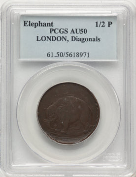 London Elephant Token Diagonals BN Colonials PCGS AU50