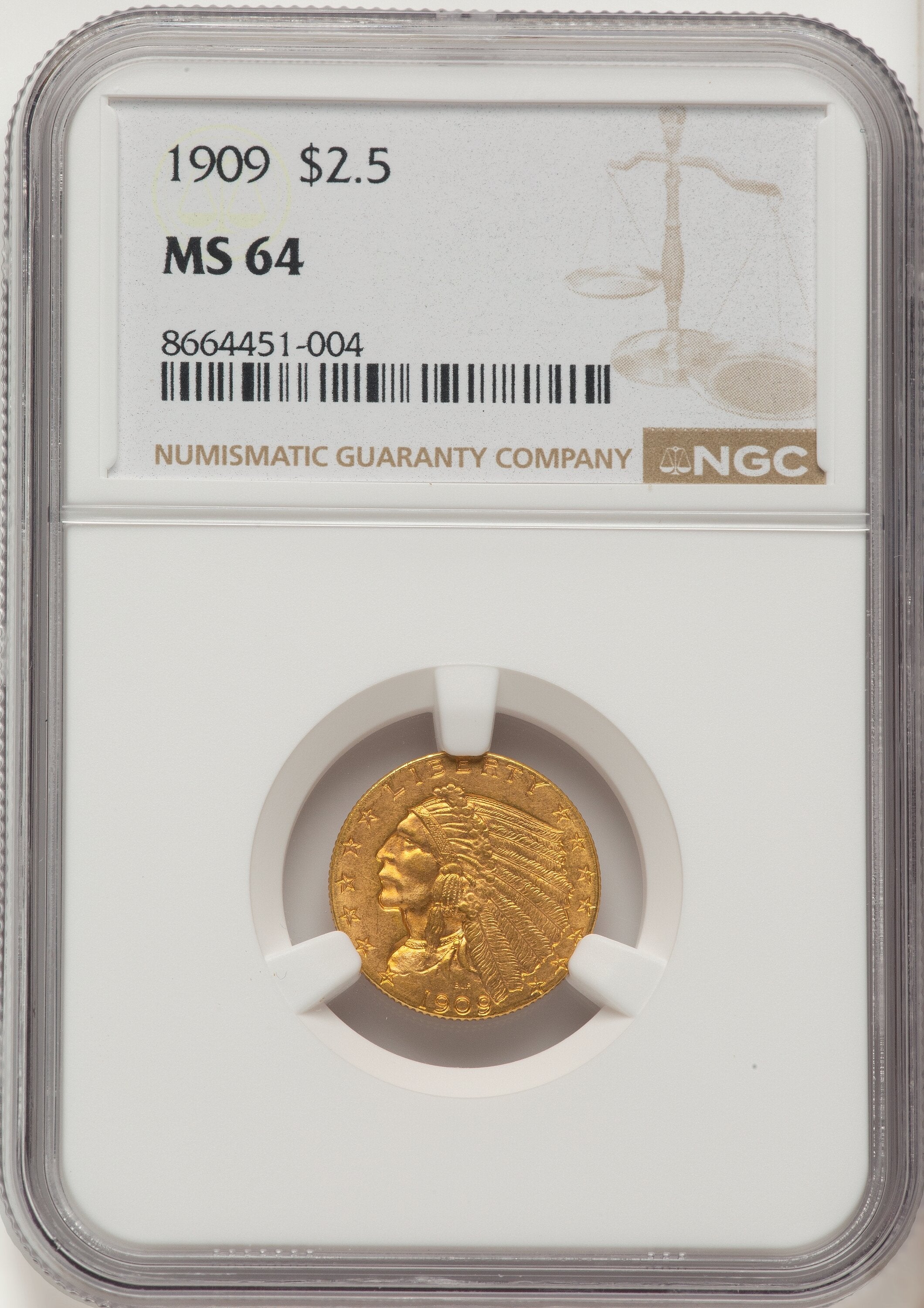 1909 $2.50 Indian Quarter Eagle NGC MS64