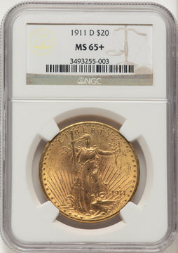 1911-D $20 Brown Label Saint-Gaudens Double Eagle NGC MS65+