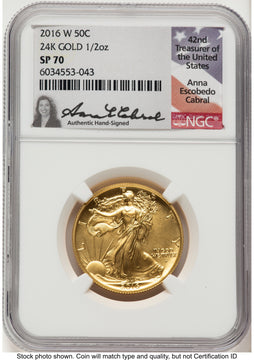 2016-W 50C Walking Liberty 100th Anniversary Gold Centennial Anna Cabral NGC MS70