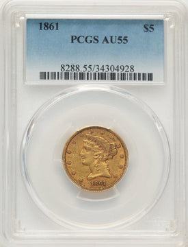 1861 $5 Liberty Half Eagle PCGS AU55