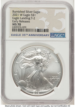 2021-W TY2 Burnished Silver Eagle 1 oz ER Eagle 35th Anniversary Label NGC MS70 2021-W TY2 Burnished Silver Eagle 1 oz ER Eagle 35th Anniversary Label NGC MS70