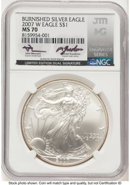 2007-W Burnished Silver Eagle 1 oz John /Michael Gaudioso US Mint Engraver Series NGC MS70 Mercanti 2007-W Burnished Silver Eagle 1 oz John /Michael Gaudioso US Mint Engraver Series NGC MS70 Mercanti
