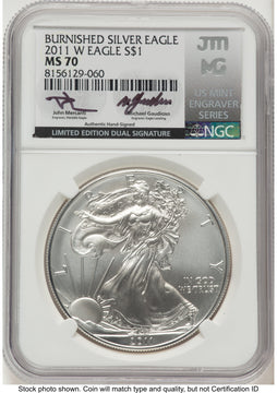 2011-W Burnished Silver Eagle 1 oz John /Michael Gaudioso US Mint Engraver Series NGC MS70 Mercanti 2011-W Burnished Silver Eagle 1 oz John /Michael Gaudioso US Mint Engraver Series NGC MS70 Mercanti