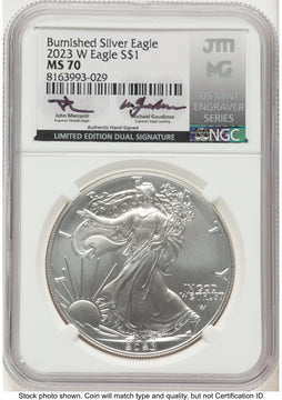2023-W Burnished Silver Eagle 1 oz John /Michael Gaudioso US Mint Engraver Series NGC MS70 Mercanti 2023-W Burnished Silver Eagle 1 oz John /Michael Gaudioso US Mint Engraver Series NGC MS70 Mercanti