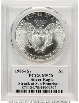 1986-(S) Silver Eagle John Bridge PCGS MS70 Mercanti