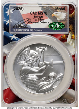 2026 Best of the Mint 1916 Mercury Silver Medal 1 oz Advanced Delivery Ron Drzewucki Flag Core CACG MS70 2026 Best of the Mint 1916 Mercury Silver Medal 1 oz Advanced Delivery Ron Drzewucki Flag Core CACG MS70