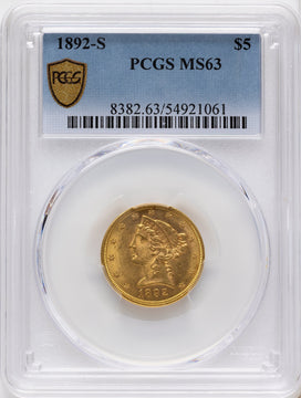 1892-S $5 Liberty Half Eagle PCGS MS63 1892-S $5 Liberty Half Eagle PCGS MS63