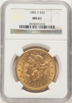 1882-S $20 Brown Label Liberty Double Eagle NGC MS61