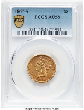 1867-S $5 Liberty Half Eagle PCGS AU58