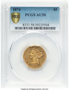 1874 $5 Liberty Half Eagle PCGS AU58