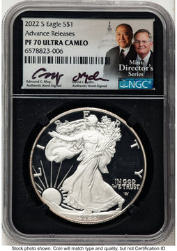 2022-S Proof Silver Eagle 1 oz AR /David J Ryder Mint Director's Series NGC PF70 Ed Moy