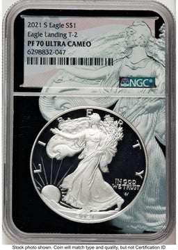 2021-S TY2 Proof Silver Eagle 1 oz Black Silver Eagle Core Overlay/Label NGC PF70