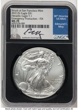 2021-(S) Silver Eagle Type 1 Emergency Production FDI NGC MS70 Ed Moy 2021-(S) Silver Eagle Type 1 Emergency Production FDI NGC MS70 Ed Moy