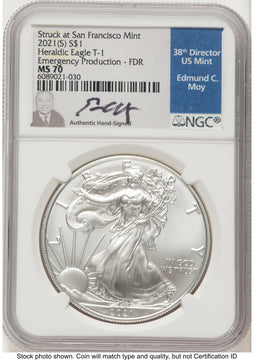 2021-(S) Silver Eagle Type 1 Emergency Production FDR NGC MS70 Ed Moy 2021-(S) Silver Eagle Type 1 Emergency Production FDR NGC MS70 Ed Moy
