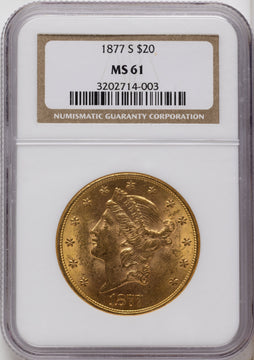 1877-S $20 Brown Label Liberty Double Eagle NGC MS61 1877-S $20 Brown Label Liberty Double Eagle NGC MS61