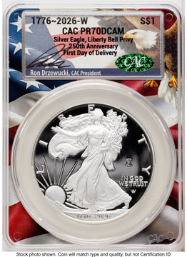 2026-W Proof Silver Eagle 1 oz First Day of Delivery Ron Drzewucki Flag Core CACG PR70 2026-W Proof Silver Eagle 1 oz First Day of Delivery Ron Drzewucki Flag Core CACG PR70