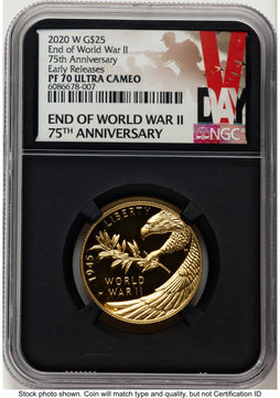2020-W 1/2 oz Proof Gold End of World War II 75th Anniversary ER V-Day Label NGC PF70 2020-W 1/2 oz Proof Gold End of World War II 75th Anniversary ER V-Day Label NGC PF70